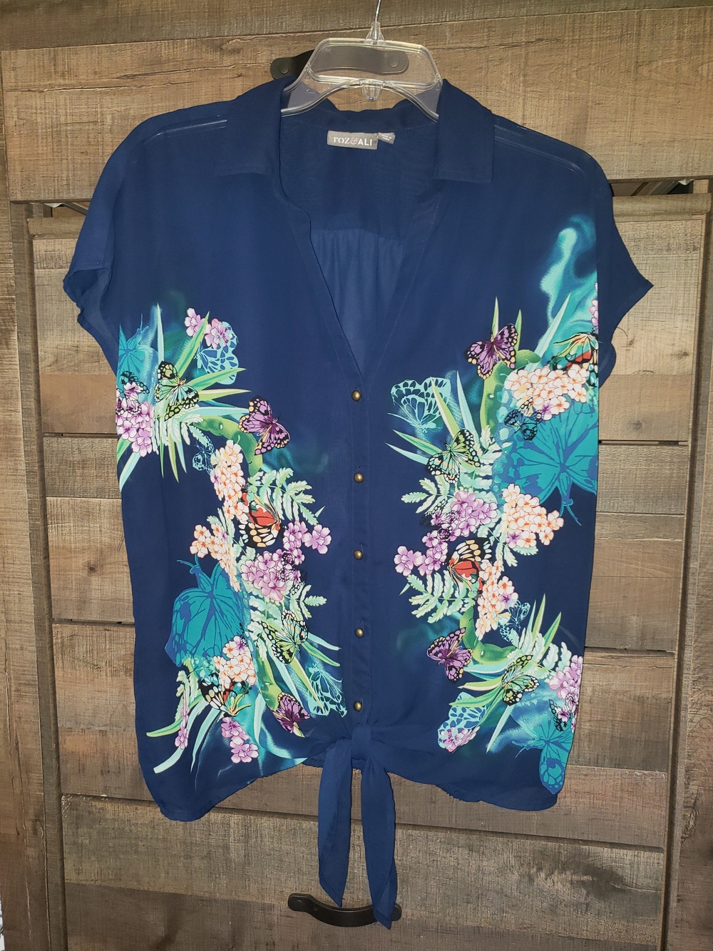 Roz & Ali Sheer Navy Floral Butterfly Tie-Front Blouse